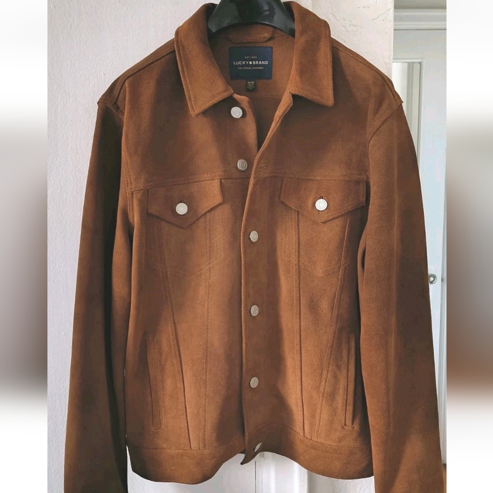 SOLD; Lucky Brand Suede Trucker Jacket, Cognac Brown, Size Medium